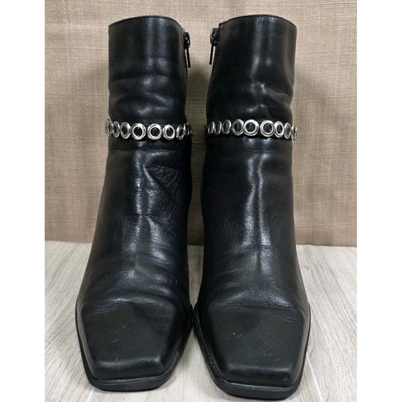 MARKON 90s Carson Black Leather Silver Chain Square Toe Moto Ankle Boots Size 7M - Picture 1 of 10